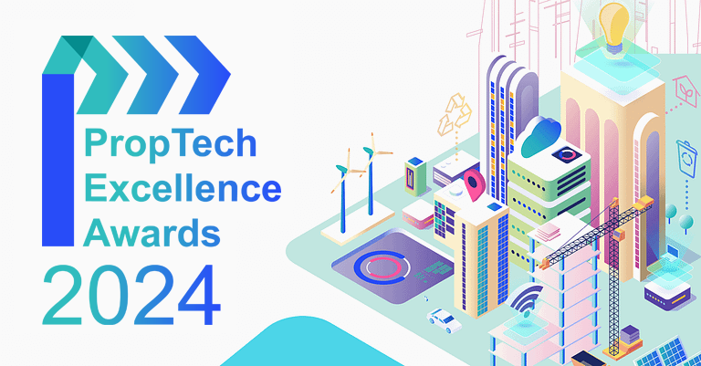 HK PropTech Awards 2024 landscape visual with the Awards logo on the left, and a pastel coloured isometric vector illustration on the right, describing a modern city with technological symbols (recycling, cloud, wifi, connectivity)